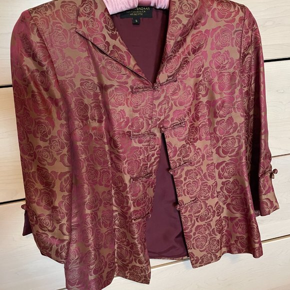 Chinese Silk Floral Rose Silk Button-up Blouse, 3/4 length sleeves, size small - Picture 2 of 6